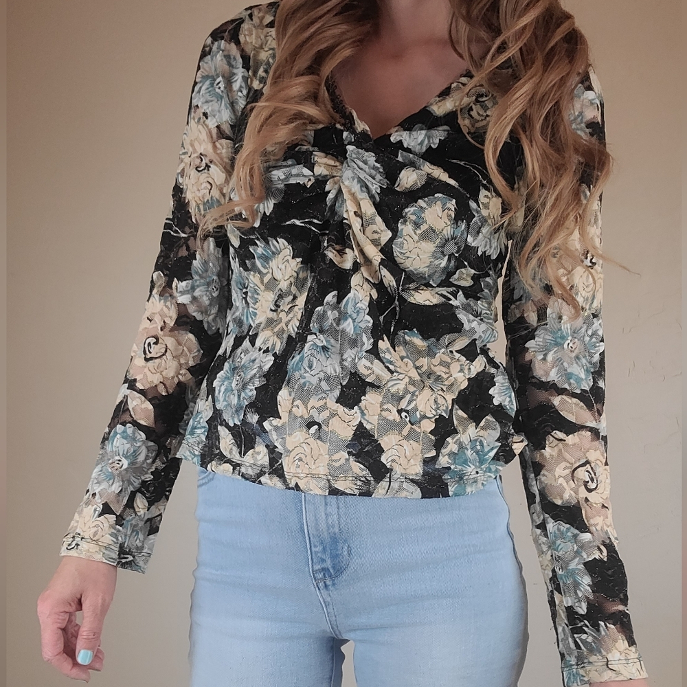 Karen Kane Womens Casual Floral Sheer Long Sleeve Blouse Top Size Large